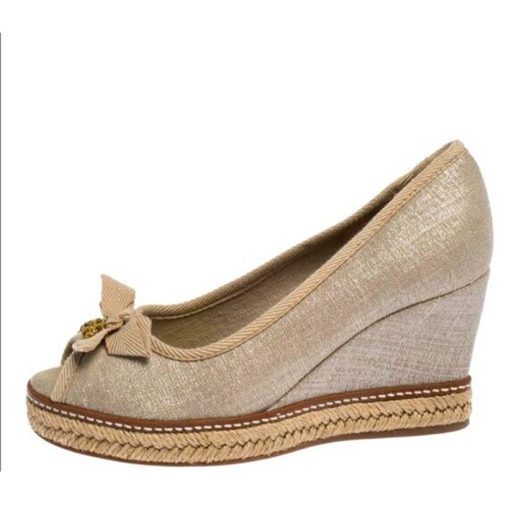 Tory Burch Jackie Canvas Natural Peep-Toe‎ Espadrille Wedges Metallic sheen 7.5 - Picture 2 of 12